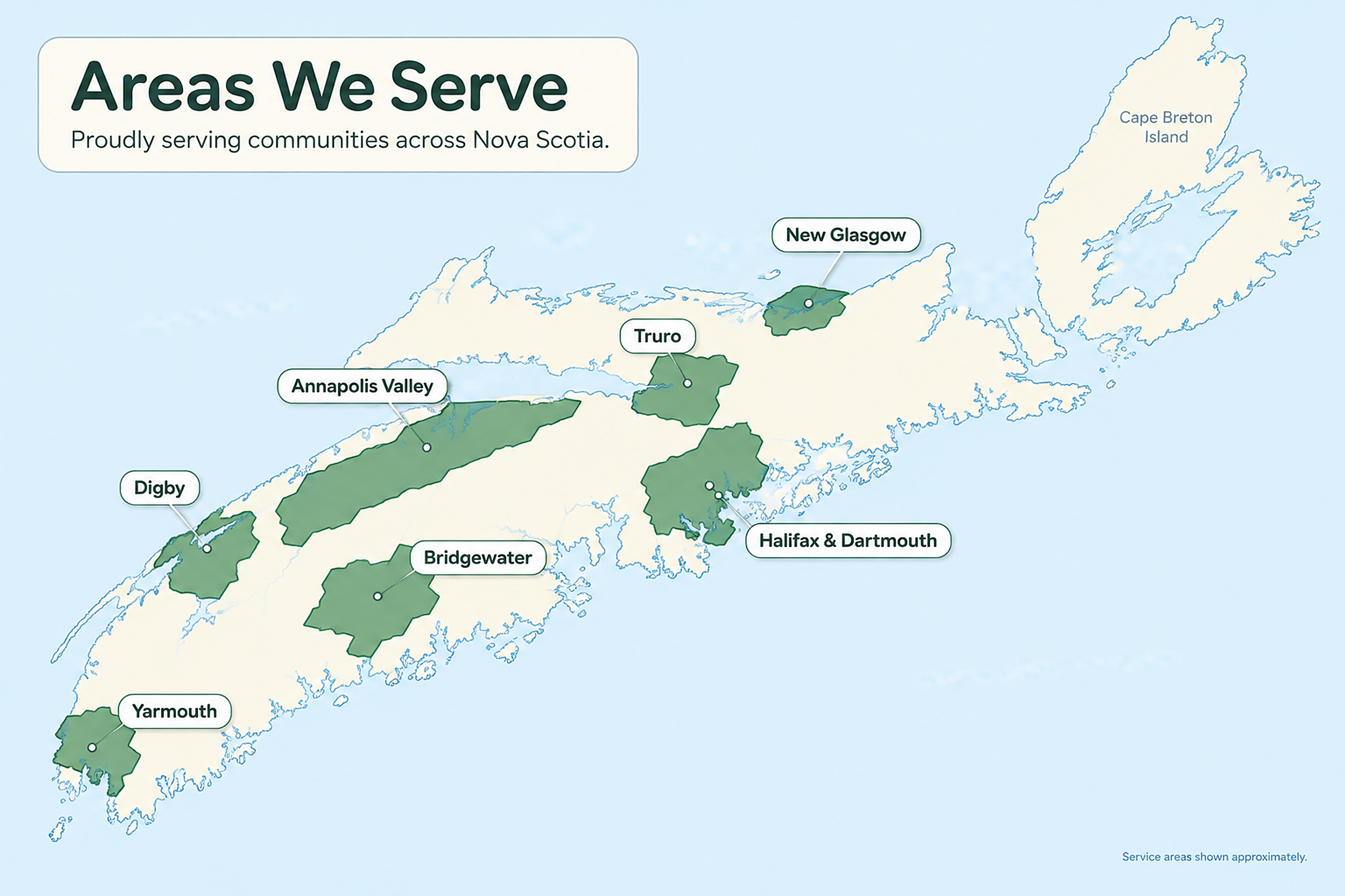 Map of Nova Scotia showing the seven areas Kings Janitorial serves, from Yarmouth to New Glasgow